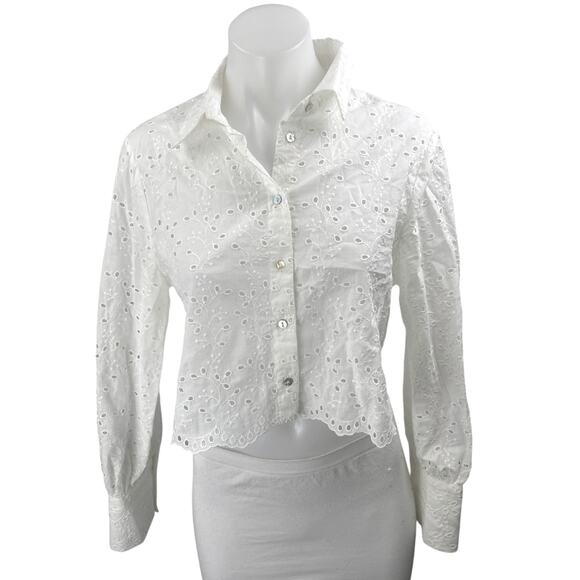 Zara White Embroidered Eyelet Long Sleeve Collar Button Up Crop Blouse Shirt S - Picture 1 of 3